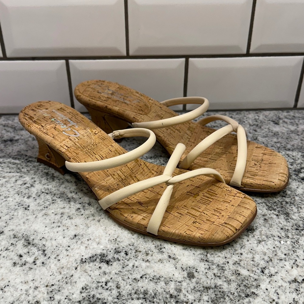 Circus by Sam Edelman Women 9.5 Faye Sandals Cream Cork Strappy Block Heel Mules